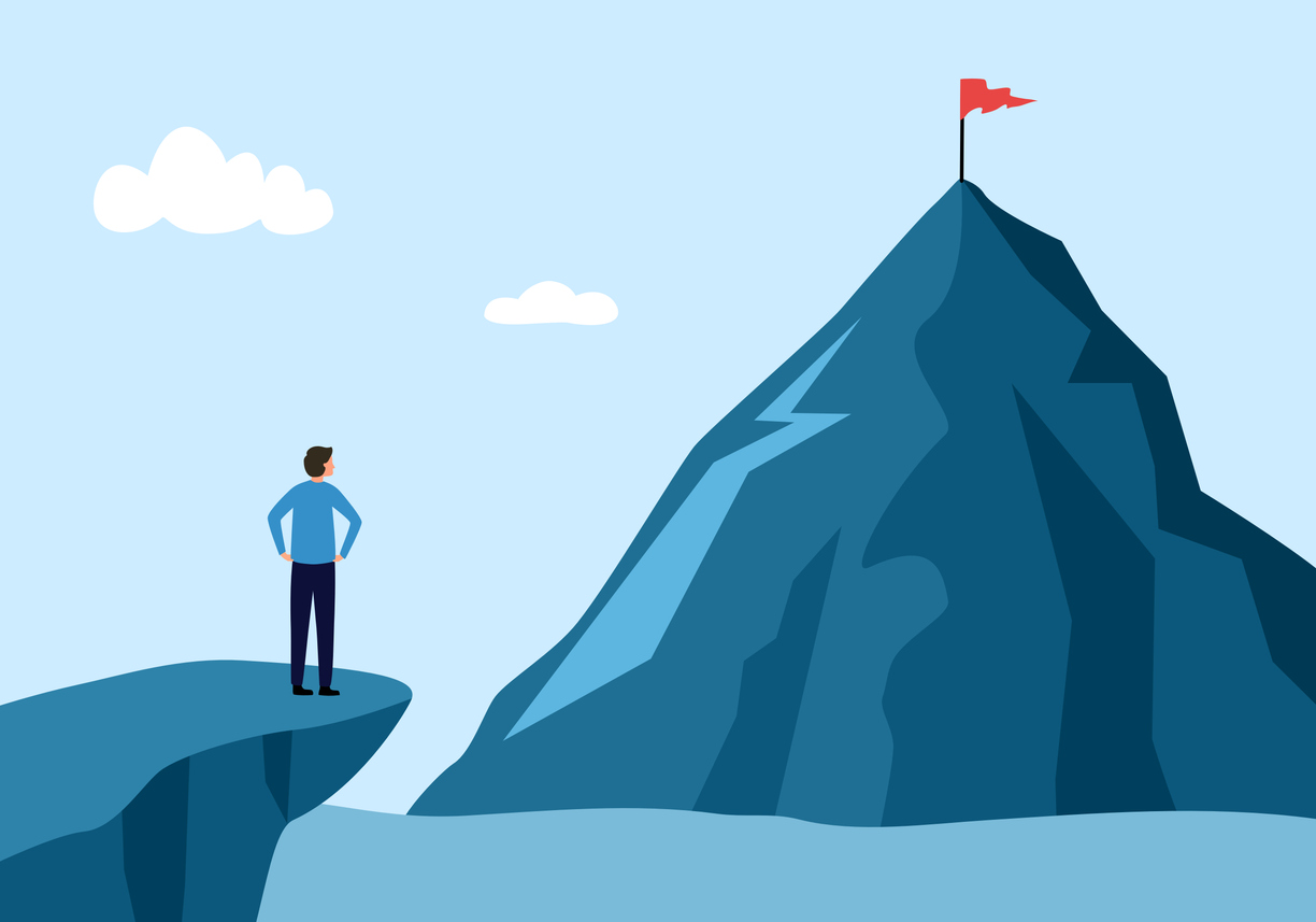 Businessman planning to reach the success flag on top of the mountain in flat design. Symbol of the startup, business finance, achievement and leadership concept vector illustration.