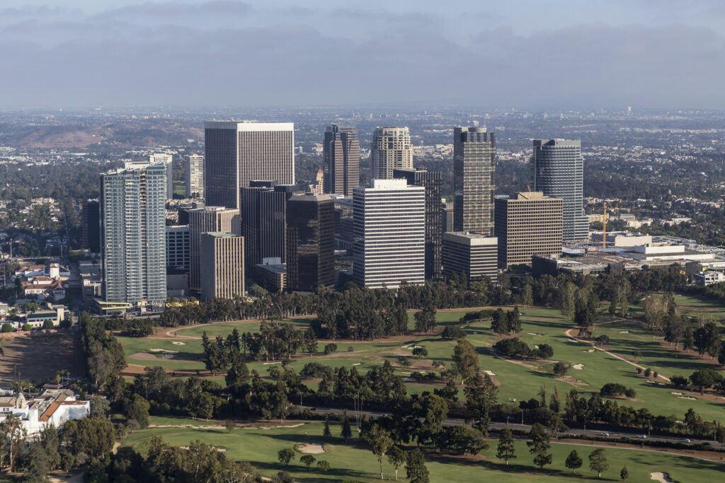 Afternoon aerial view of Century City area of Los Angeles, California.